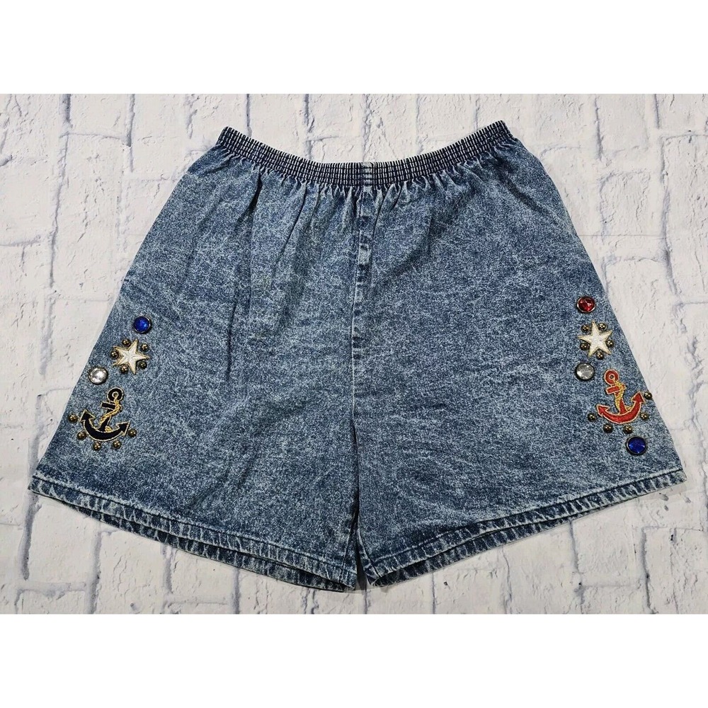 Gepetto Sailor Anchor Studs Embellished Jean Denim Shorts VINTAGE WOMENS SZ L